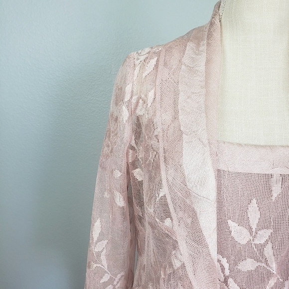 DAMIANOU Vtg 2 Piece Formal Maxi Dress Jacket Set Sheer Lace Floral Pink Sz S - Picture 2 of 14